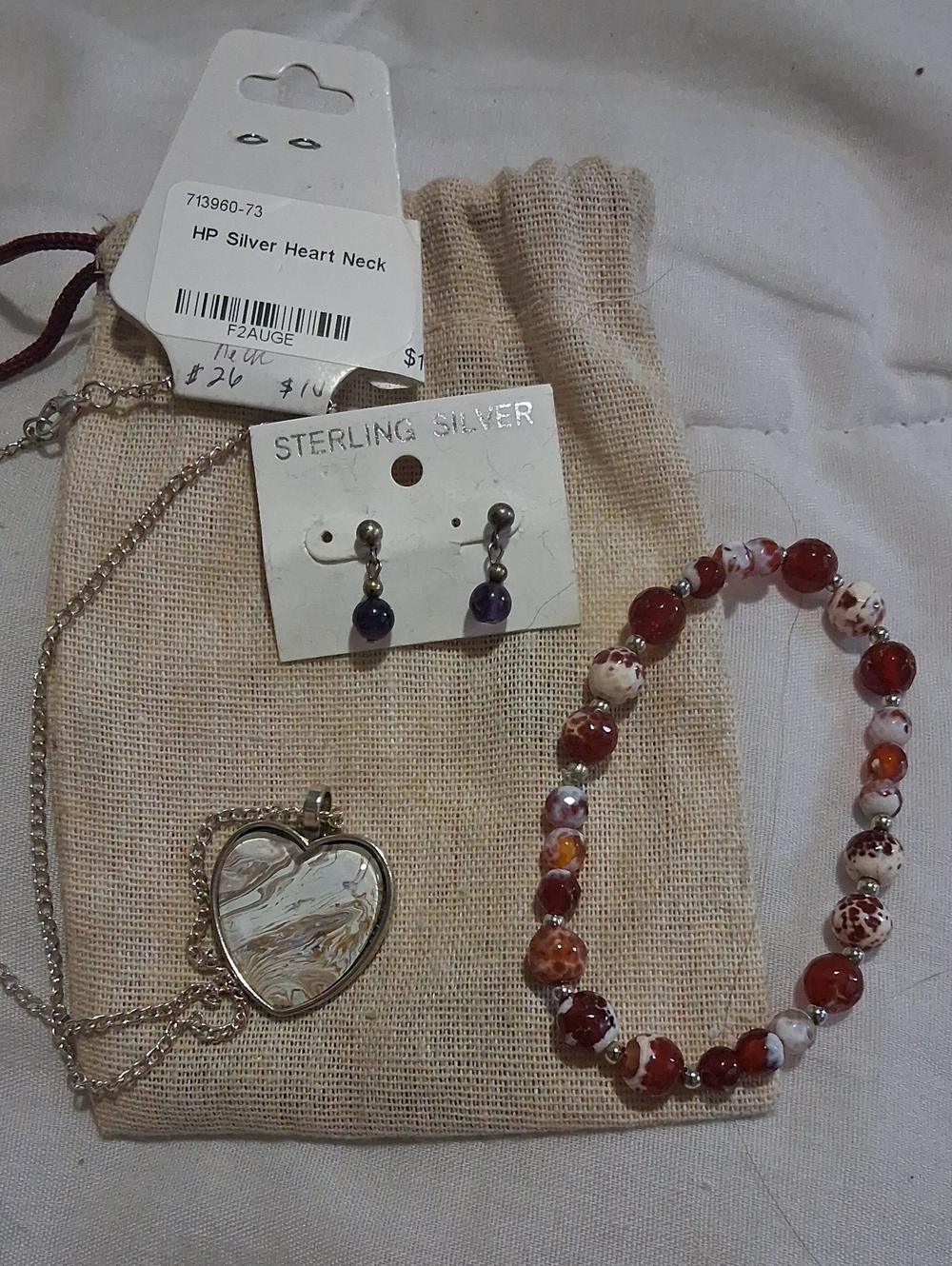 Sterling Silver Heart Necklace with Red and White Beaded Bracelet